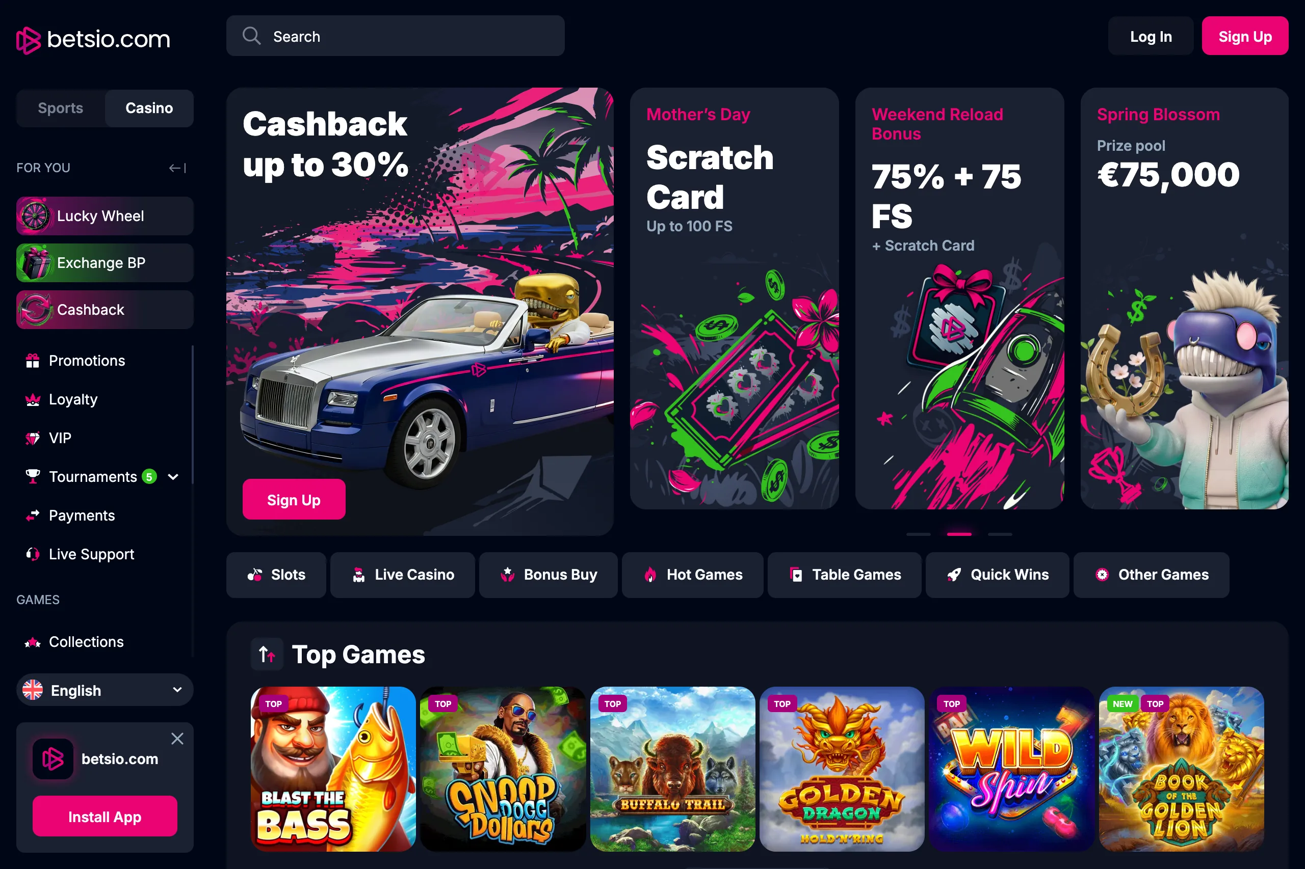 Betsio Casino desktop lobby with games and account navigation