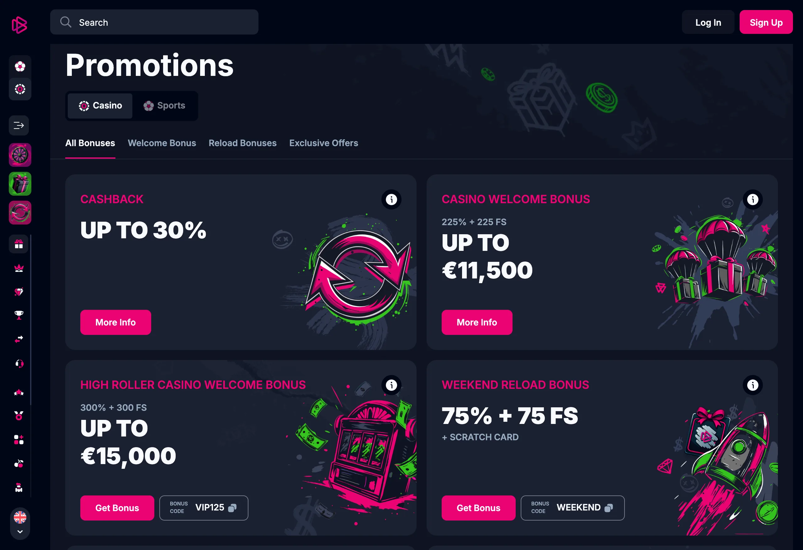 Betsio Casino promotions page with bonus cards