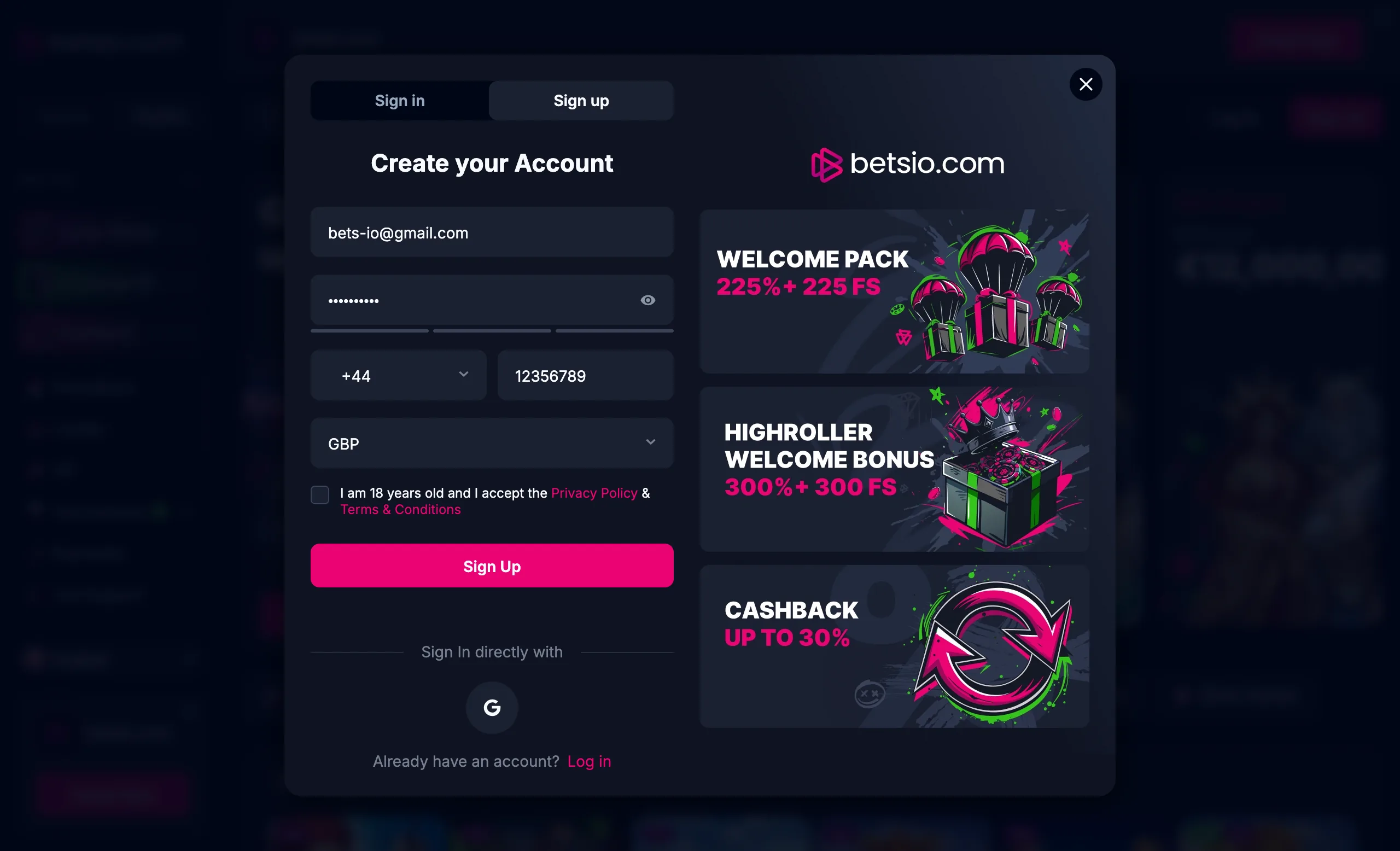 Betsio Casino desktop registration page