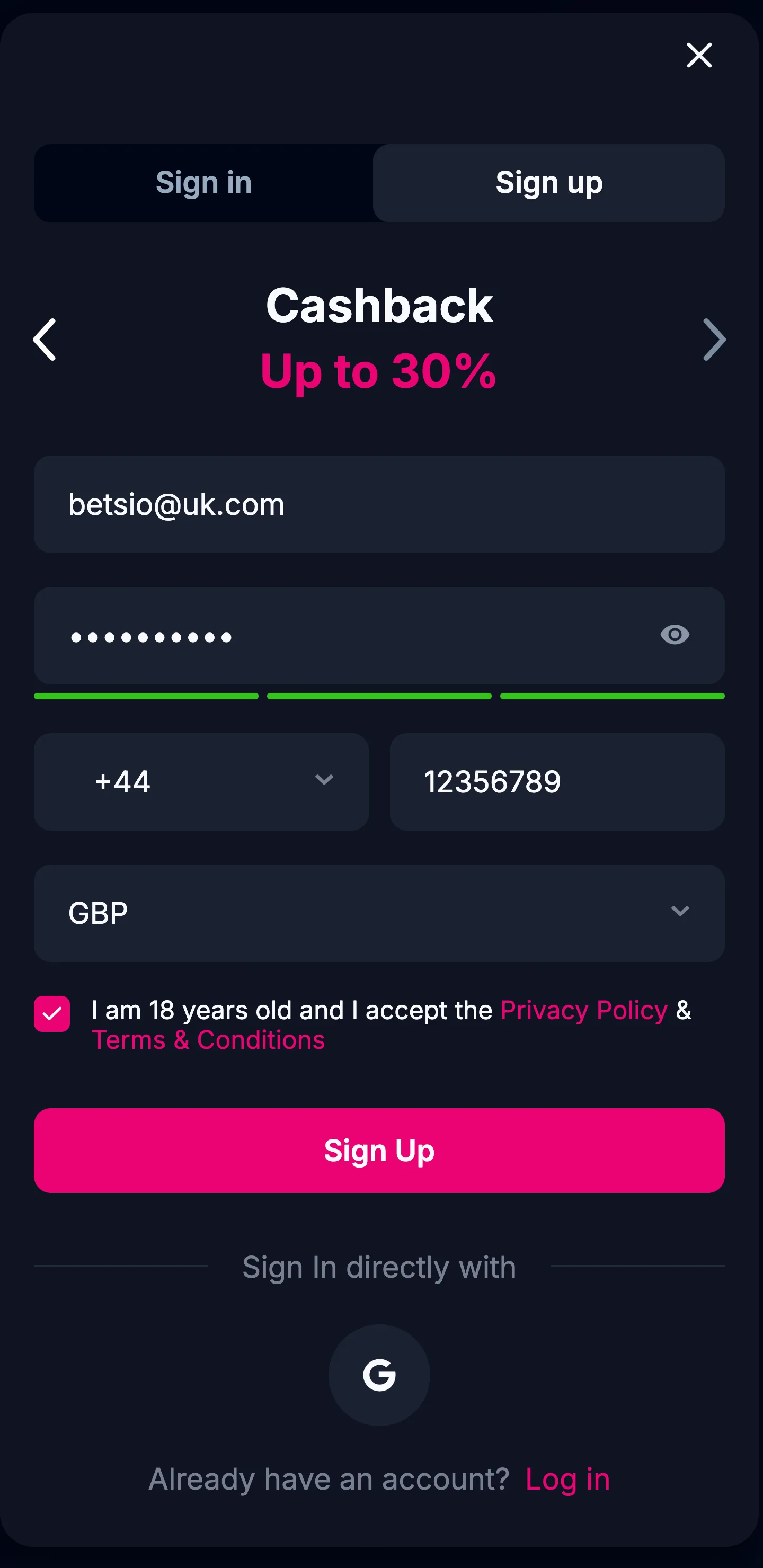 Betsio Casino mobile registration page